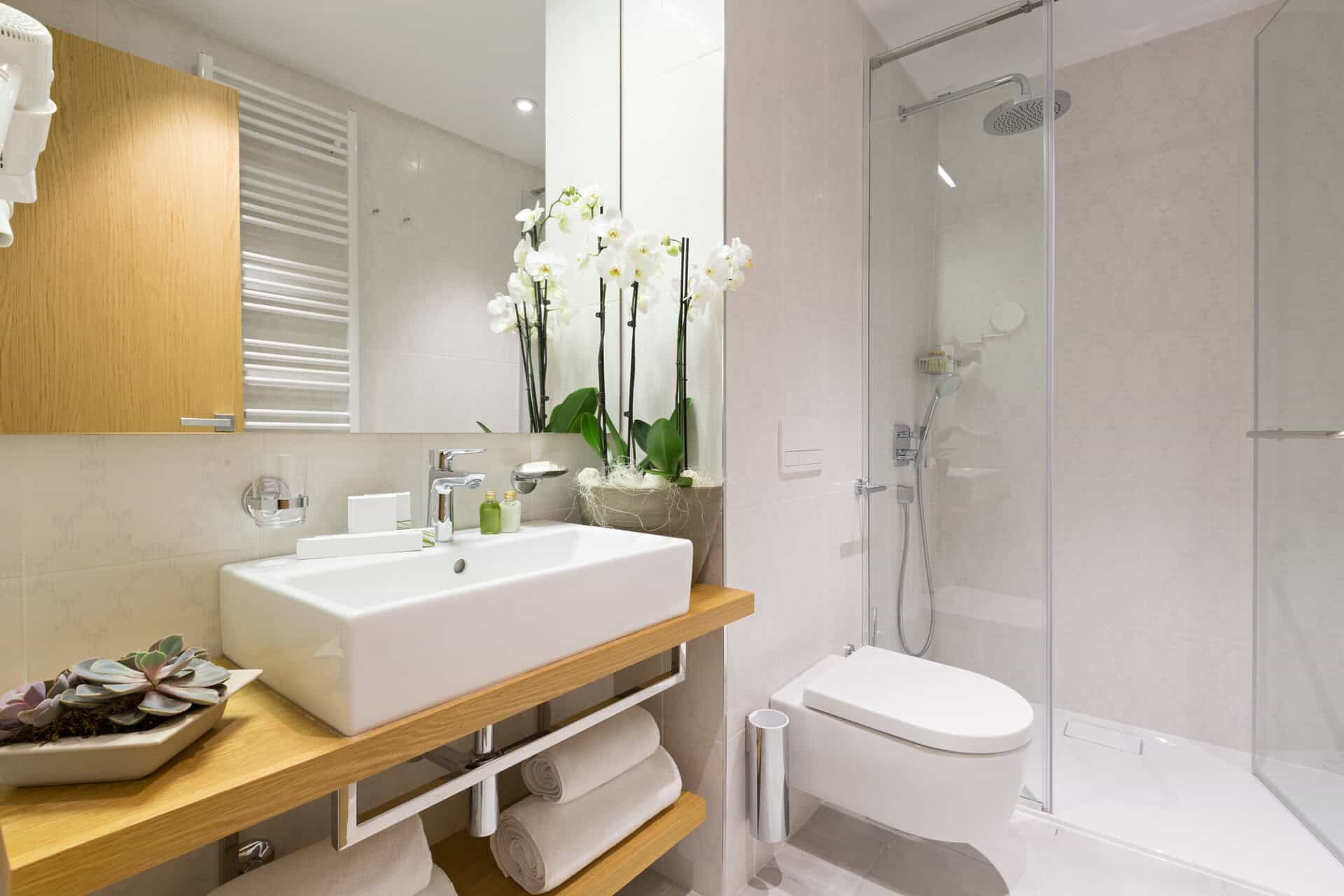 Interior of a modern hotel style bathroom